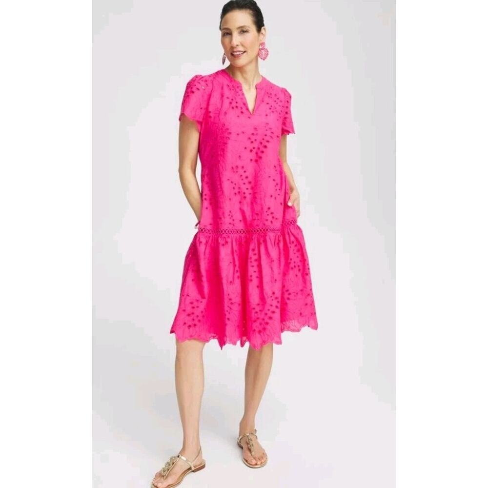 Chico's size 3.5 US 18 Pink Eyelet Short Sleeve Drop Waist Cotton Dress